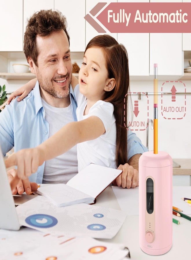 deli Electric Pencil Sharpener, Fully Automatic Pencil Sharpener, Auto in & Out, Rechargeable Hands-Free Pencil Sharpeners for 6.9-12mm, Home, Classroom, Battery Operated, Pink - Image 2